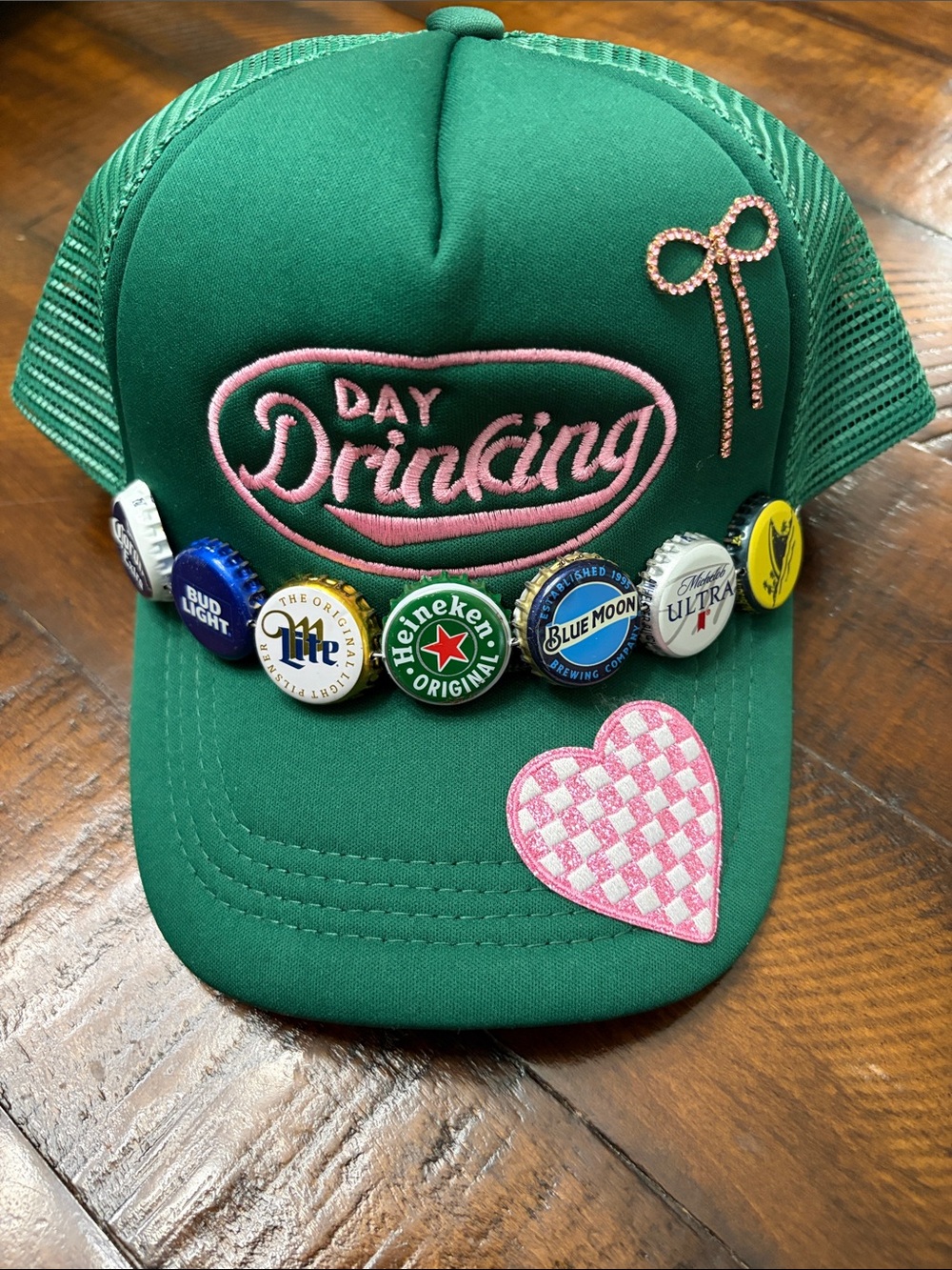 Adult Green Trucker Hat with Pink Embroidery and Bottle Cap Accents